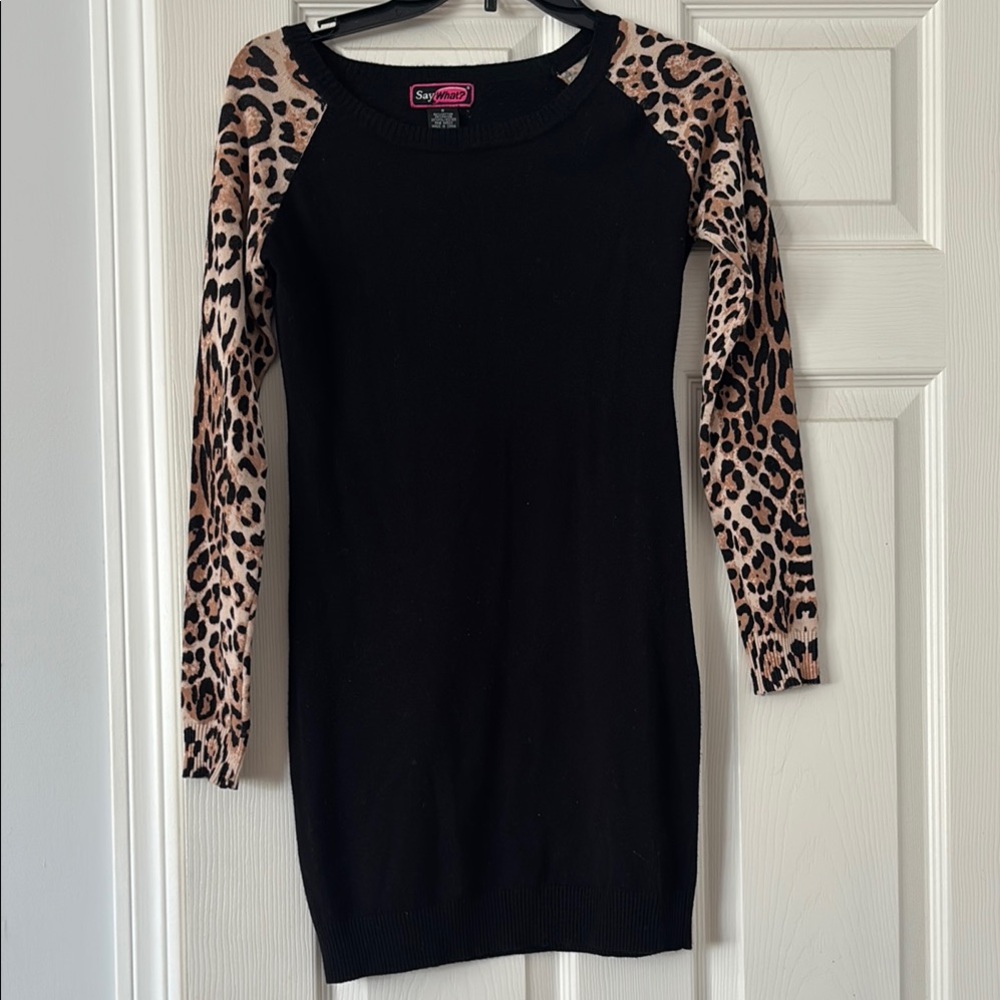 Say What? Black Dress with Leopard Print Sleeves
